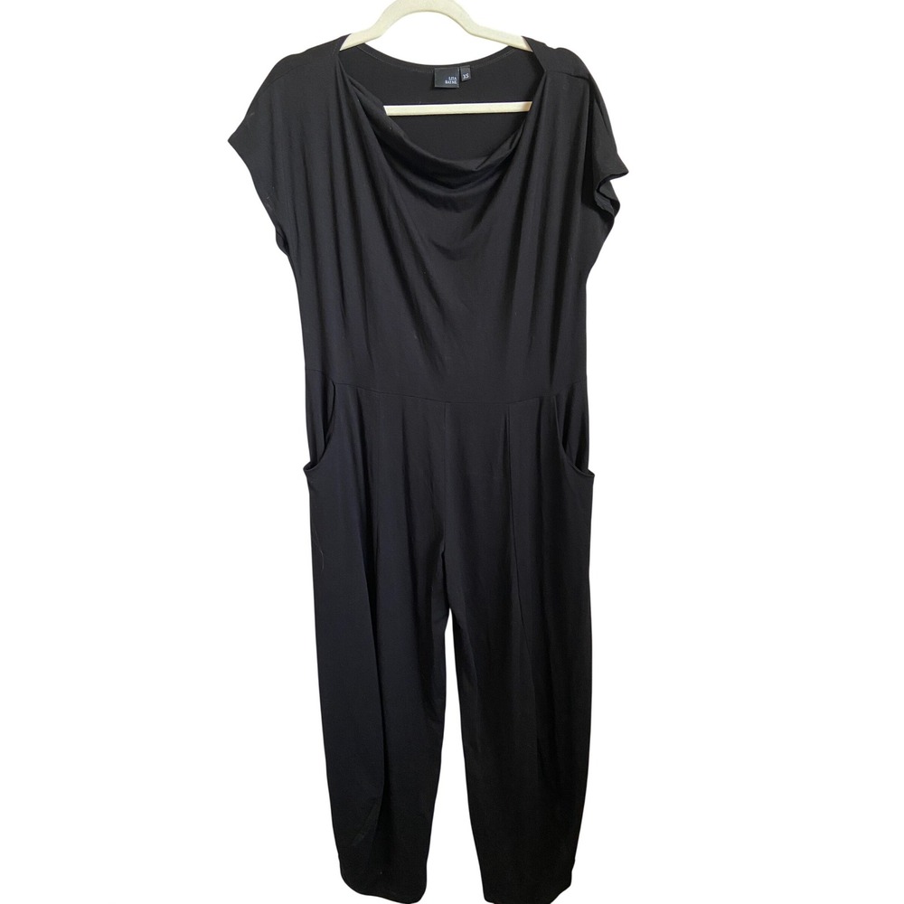 Lisa Bayne Black Cowl Neck Short Sleeve Jumpsuit with Pockets XS Made in USA